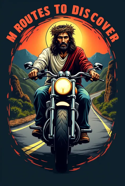 Generate a logo for a motorcycle club named "Motorcycle club " which includes an image of a white Christ riding a motorcycle and in the crown of Christ that goes to Mollebamba also accompanied by the phrase Routes to discover dreams to fulfill 

