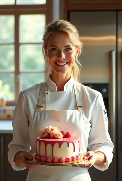 create the image of a blonde woman cook standing this same woman holding a beautiful cake