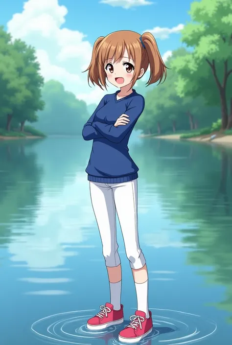 anime girl, short light brown hair with double ponytails, smiles challengingly, blue sweater, white pants, White socks, rosa Sneakers, stands on the river bank, keeps one foot under water 