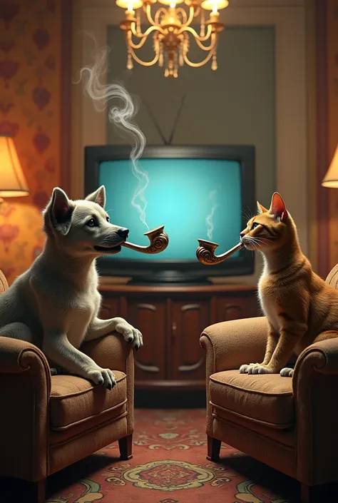 In a fantasy room, a dog smoking a pipe on a sofa on the left, a cat smoking on a sofa on the right, both watching TV.