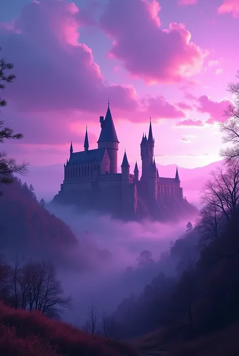 generates an image of the movie Harry Potter number 2 with violet and purple colors as a landscape from far away and only Harry and Howard&#39;s Castle appear

