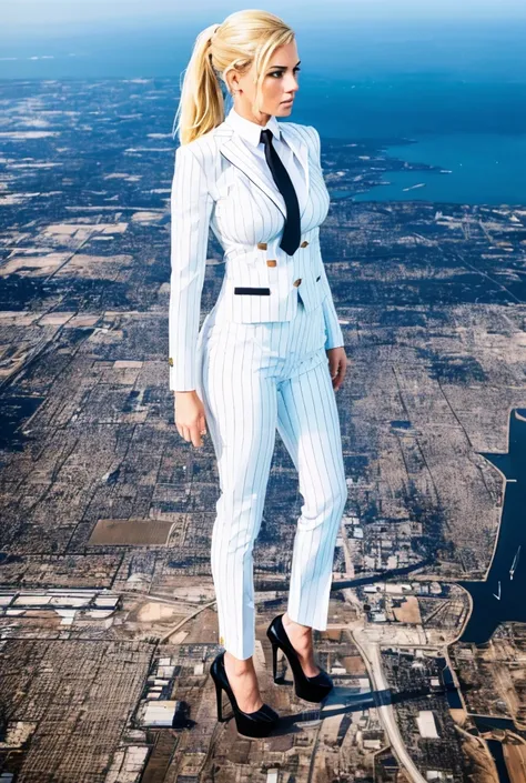 A young curvaceous giantess in white pinstriped three-piece trouser suit, black office shirt, big white necktie windsor knot, blonde ponytail, wearing black platform high heels on feet, standing on a city, cityscape background of mega-city, urban sprawl, s...