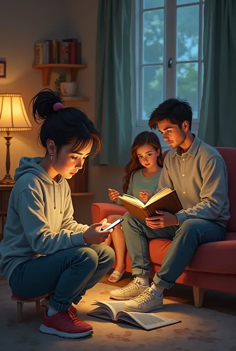 Drawing of a family. 
a  on a phone teenager on a phone mom busy with something father reading a book.