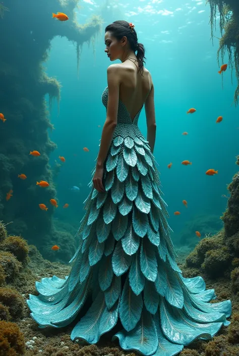 Make a ball gown with a body made of fish fins and a tail made of a fishing net made of trash 