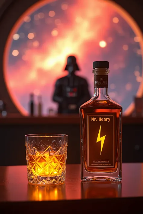 score_9, score_8_up, score_7_up, score_6_up, masterpiece, 4k, high quality, (best quality:1.1) whiskey diamond relief glass along with square bottle standing on table filled with yellow glowing liquid with label "Mr.Henry" and simple yellow lightning symbo...