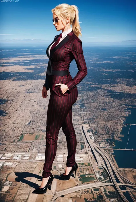 A young curvaceous giantess in crimson pinstriped trouser suit, black office shirt, big white necktie large windsor knot, blonde ponytail, wearing black platform high heels, standing on a city, cityscape background of mega-city, urban sprawl, small towns, ...