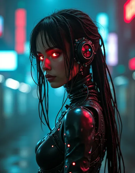 a woman with mechanized body parts, cyberpunk style, circuits, cables, glowing colored led eyes, dreadlocks, (best quality,4k,8k,highres,masterpiece:1.2),ultra-detailed,(realistic,photorealistic,photo-realistic:1.37),intricate details,cinematic lighting,dr...