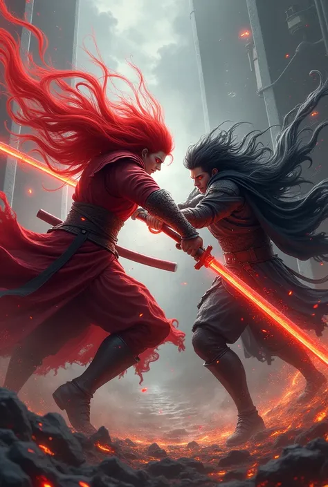  red haired and red eyed with a red katana fighting a black stick black haired and red eyed epic fight powers