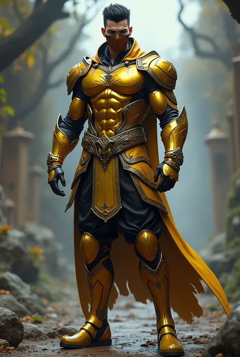 Male game character with golden chest, golden pants, yellow and black slippers with brown mask, black hair