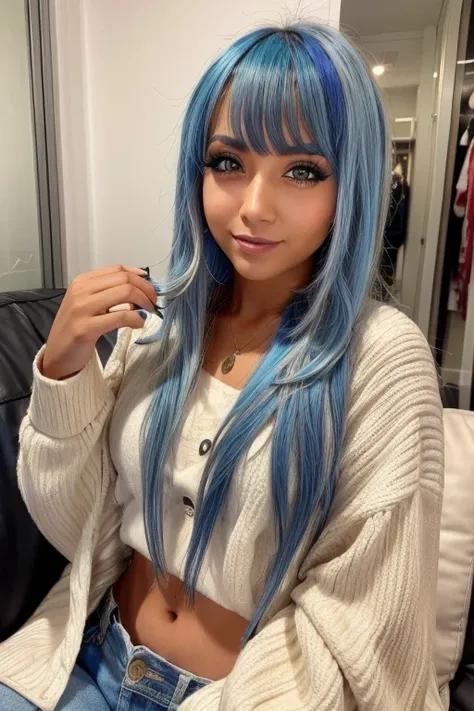 Woman with blue hair and brown eyes