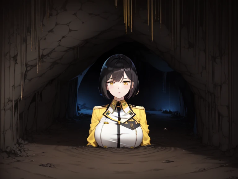 1girl, solo, huge breasts, (black short hair:1.5), (yellow eyes:1.5), (white military uniform:1.9), (epaulletes:1.5), necktie, partially submerged, in mud, flooding up to the chest, upper body, raised eyebrows, d:, (cave:1.9), (cavern:1.9), (dark:1.9), (ol...