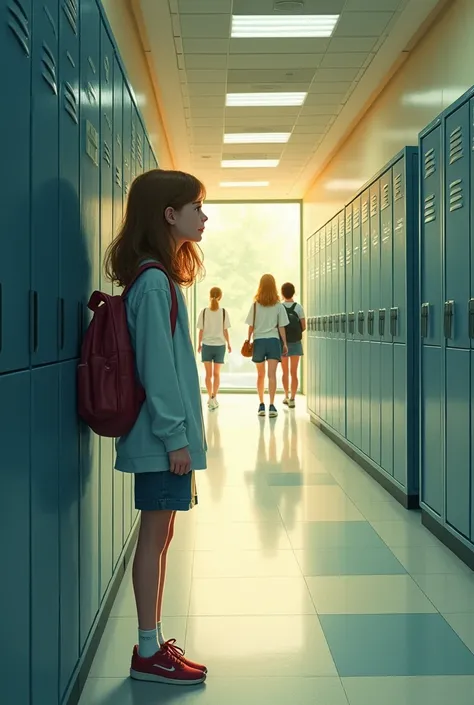 An illustration of a book cover with a girl in the corner of the school hallway looking at the blond girl she likes.