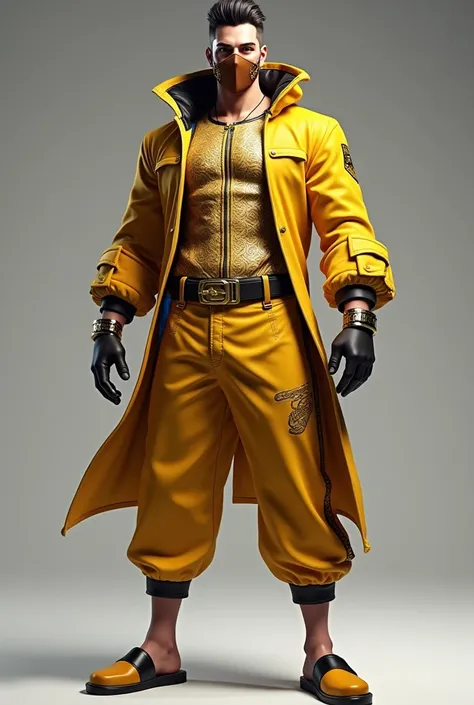 Male character in the free fire game with golden chest, golden pants, yellow and black slippers with brown mask, black hair