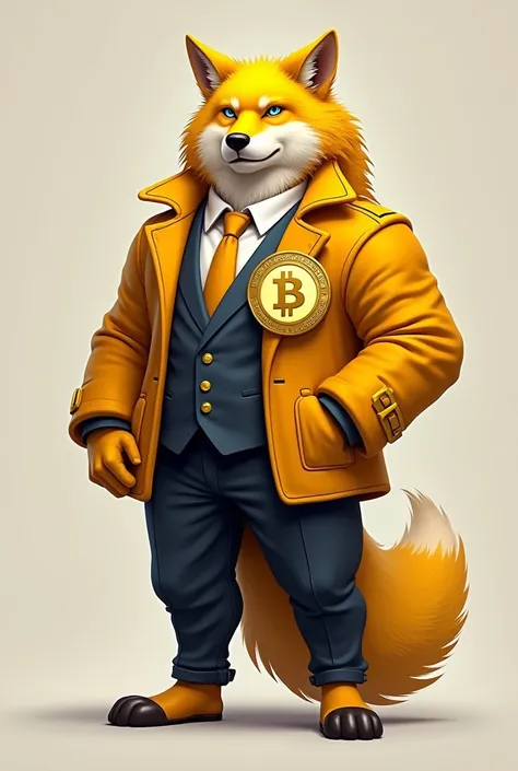 Realistic yellow wolf with clothes ,with binance symbol, and also bitcoin symbol 