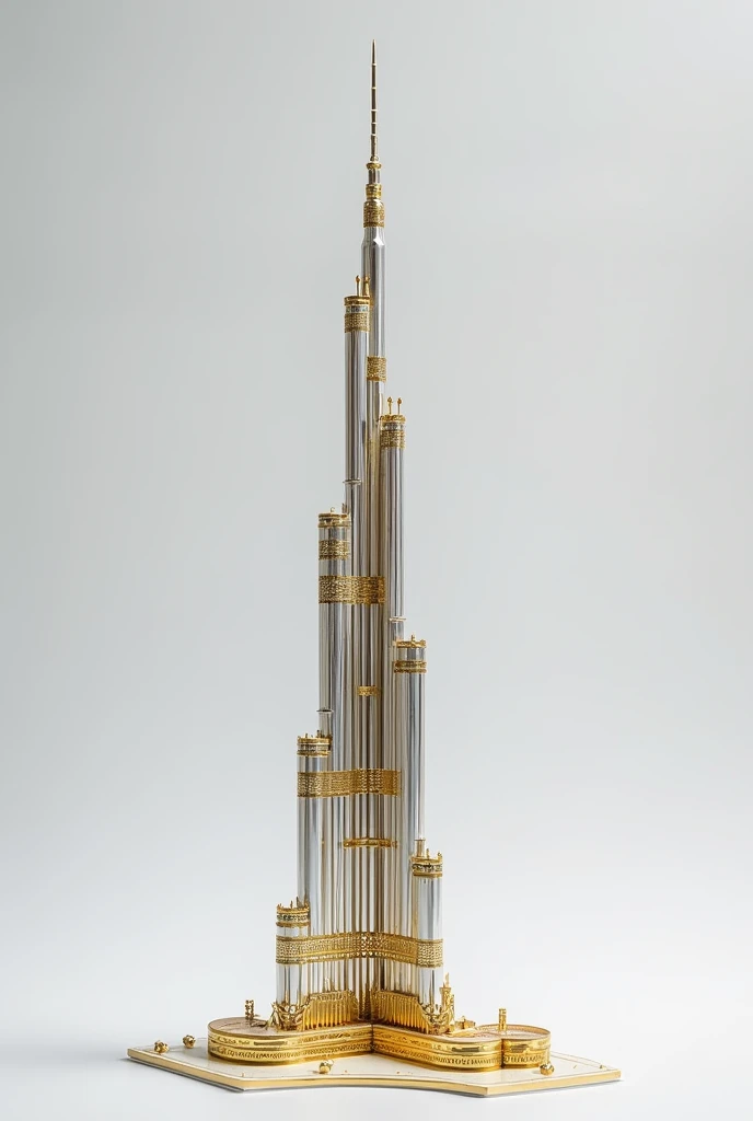 Burj Khalifa model piece designed in transparent plastic tubes, gold metal and silver metal, the most realistic appearance of the tower