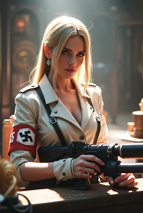 A beautiful woman with long straight blonde hair, wearing a tight Nazi uniform with a collar, highly detailed, photorealistic, 8k, best quality, ultra-detailed, sharp focus, physically-based rendering, vivid colors, dramatic studio lighting, dramatic pose,...