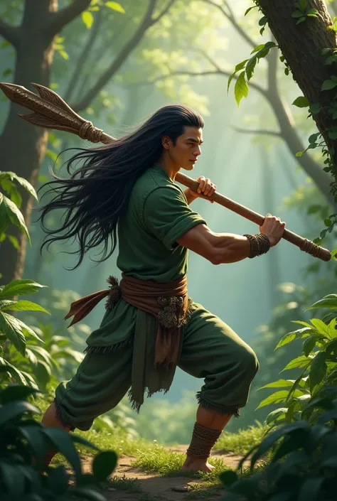 Young adult male with long black hair wearing a green shirt and pants wielding an Aztec spear in an attack pose with forest in the background