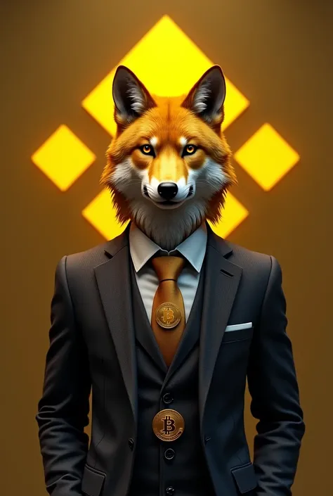 Realistic yellow wolf with clothes ,with bitcoin symbol ,and in the background of the image the binance symbol 