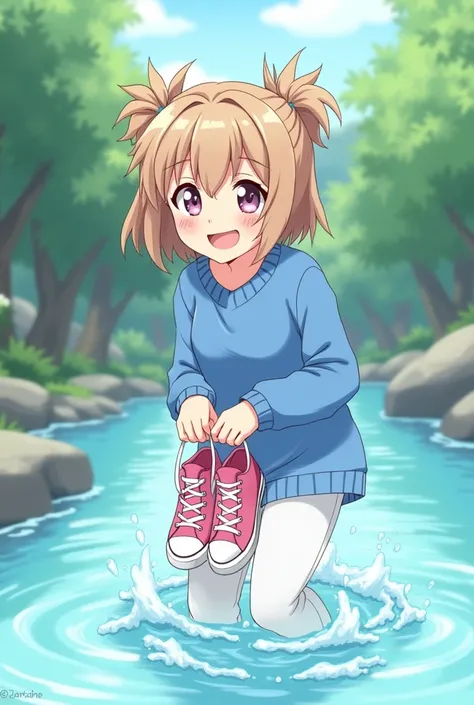 anime girl, short light brown hair with double ponytails, grins cheekily, blue sweater, white pants, White socks, rosa Sneakers, wades knee-deep through the water, dripping wet shoes in hand 