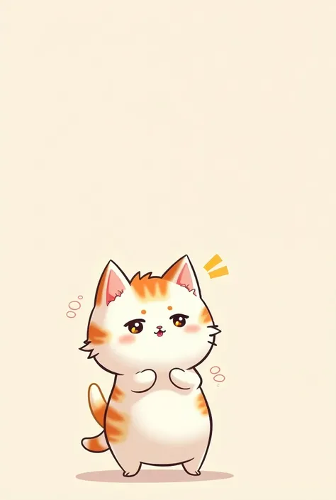 cute bipedal cat, 1 cat, white fur, orange spots, smiling, chibi style, anime, kawaii, short, wearing red collar, furry, two legs standing, hands on hips, smug, small, large brow