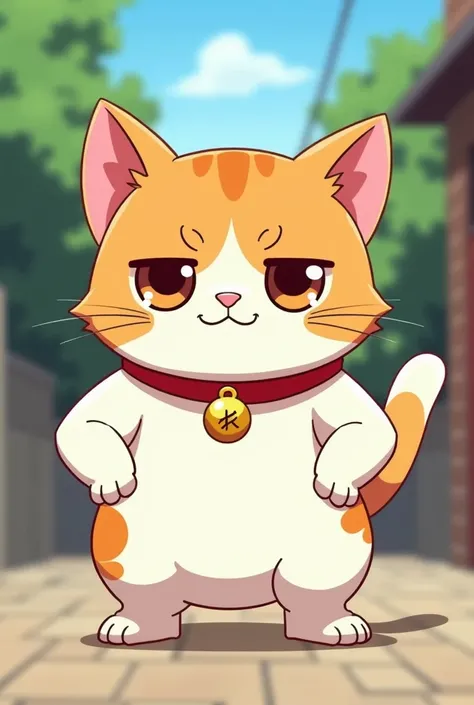 cute bipedal cat, 1 cat, white fur, orange spots, smiling, chibi style, anime, kawaii, short, wearing red collar, furry, two legs standing, hands on hips, smug, small, large brow, anime style, shonen style, shoujou style , full body, anime style, thick out...