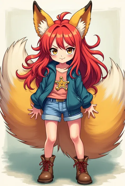 One piece, girl, fox tail, fox ears, loose red hair, shorts jeans, brown boots, blue jacket