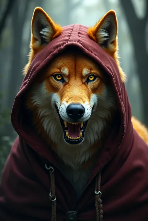 Yellow realistic wolf with hood on head and gold teeth