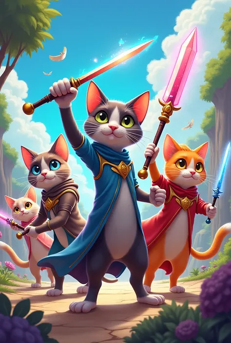 Cat characters with powers and weapons in cartoon style 