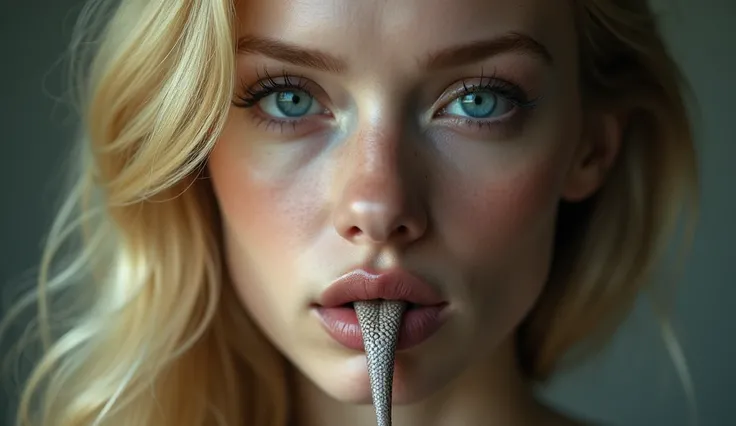 Striking portrait photo of a beautiful woman, with piercing blue eyes and flowing blonde hair, delicate features and closed lips, from which a forked, reptilian tongue subtly protrudes, tight headshot framing, against a neutral, softly lit background, unde...