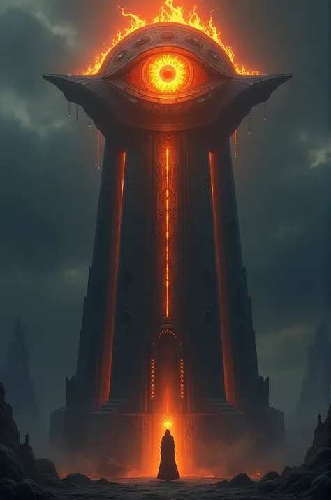 Create the image of a tower with an eye of fire but the eye is in the middle of four columns