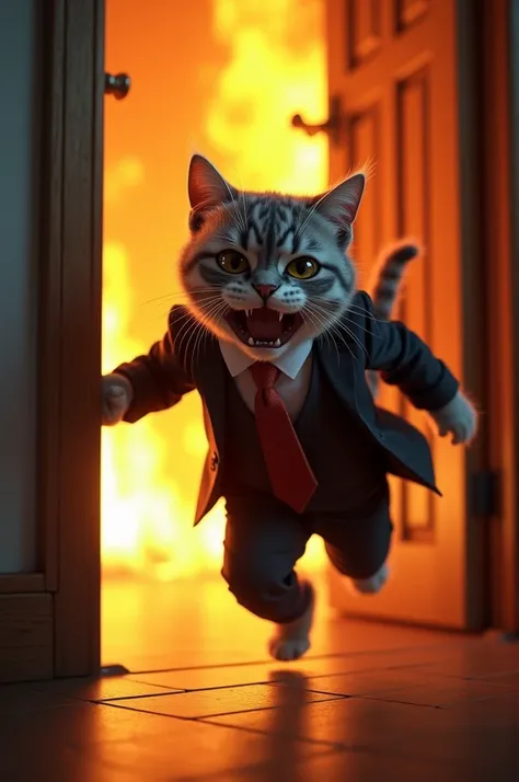 Dressed in professional office attire. The husband cat, a sleek gray tabby, is wearing a tailored suit and tie. Running into door, their house is on fire, open mouth, crying