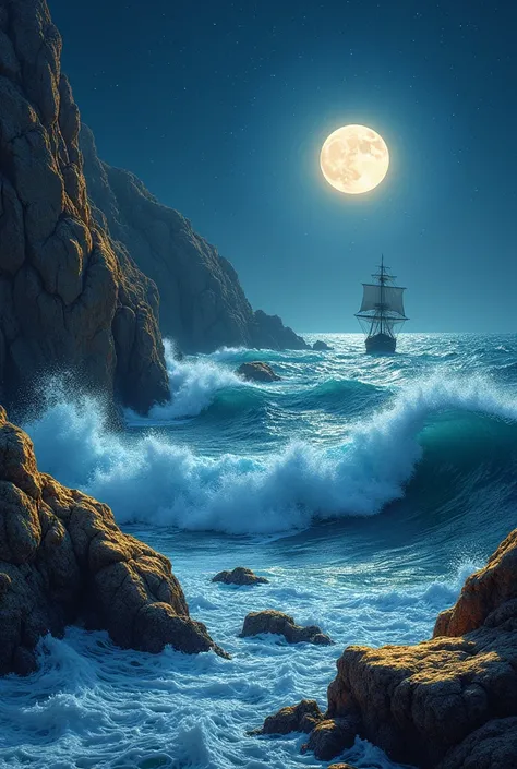 Wild waves crashing against gleaming gold and silver rocks, under the night sky, with a silhouette of a sail ship in the background.