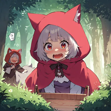 Little Red Riding Hood in a cat costume、Escape from the depths of the forest、With a wooden shopping basket、Chasing from behind、An old woman in a wolf costume, feral on female, dog fucks human, 