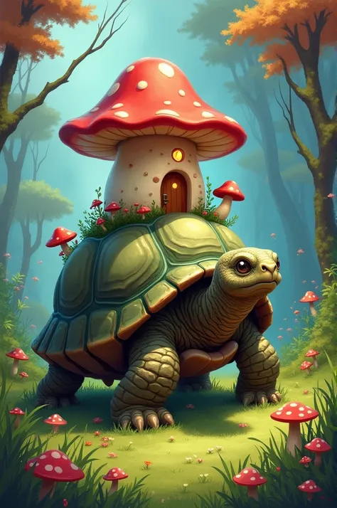 a large land turtle with a red cartoon mushroom house on its shell, a light is on in the house from the window, there are small mushrooms next to the house, grass and flowers in the background