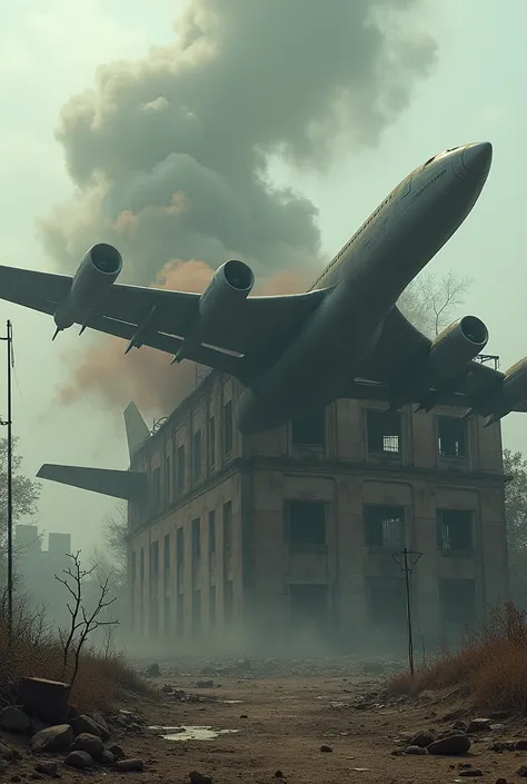 A plane crashing into a dirty abandoned building