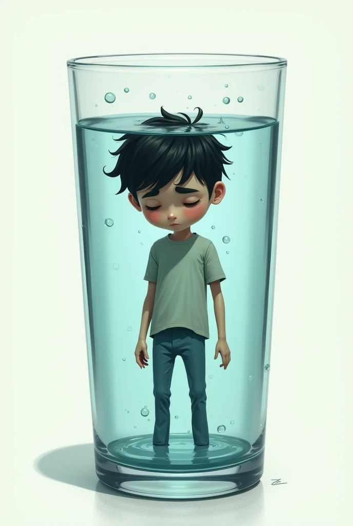 Sad cartoon person inside a glass of water 