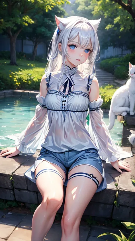 White haired cat girl, Blue eyes, beautiful, shorts, blouse, isekai, with many cats around him high quality hyperrealistic uhd 8k detailed detailed eyes, detailed body