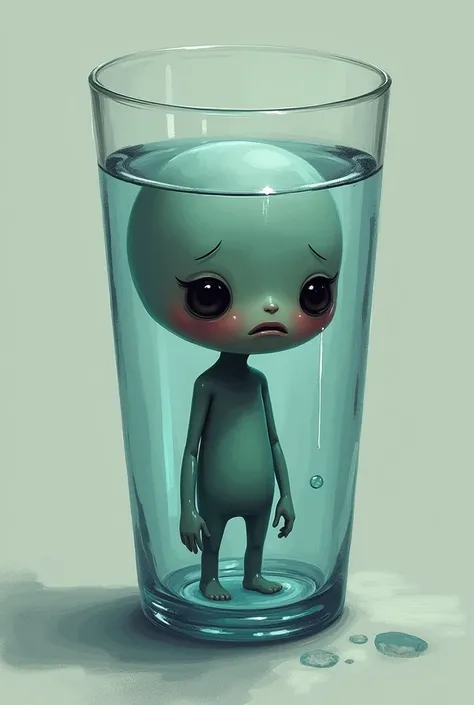 Sad cartoon person inside a glass of water with emotions 