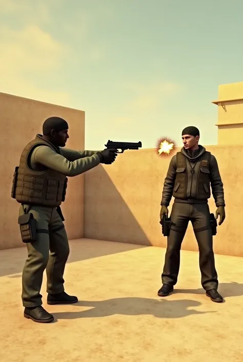 The background is a desert, similar to the "Desert" map from Counter-Strike 2. On the left, a counter-terrorist is standing with a Desert Eagle pistol aimed to the right. A bullet is flying out of the pistol with a small trail of smoke and fire. On the rig...