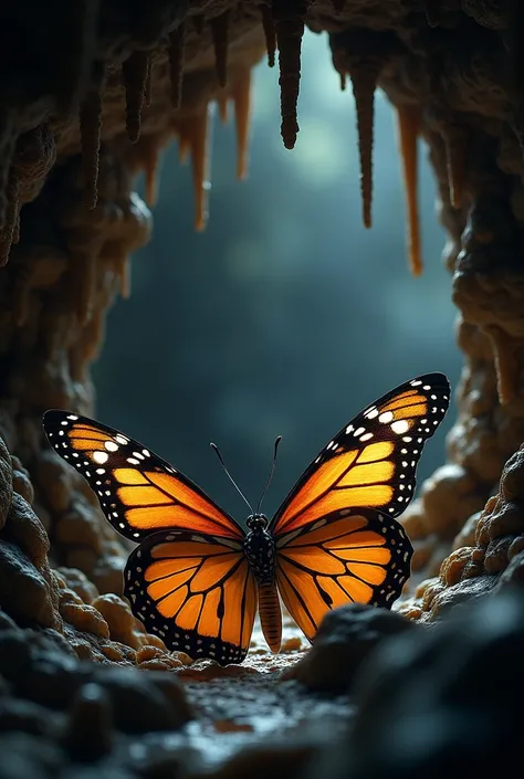 (Photorealist 1.2 ) ,   macro , clair obscur , papillons empereur réalistes dans une grotte remplie de stalactites , 