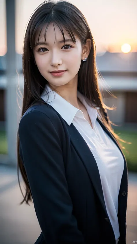 (One Girl), ((Long black hair,School Blazer Uniform,Looking into the camera,)), (Beautiful Japanese Idol Portrait Photos), (Sunset sky,School building,Schoolyard), (RAW Photos, Best Quality), (Realistic, photo-Realistic:1.4), masterpiece, 8K Portrait, Very...