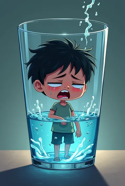 Sad cartoon person inside a glass of water with emotions breaking down