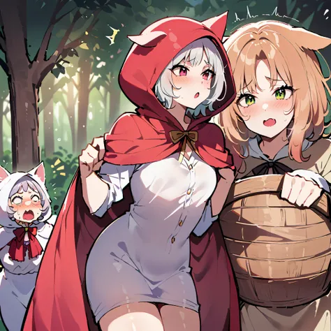 Little Red Riding Hood in a cat costume、Escape from the depths of the forest、With a wooden shopping basket、Chasing from behind、An old woman in a wolf costume, feral on female, dog fucks human, 