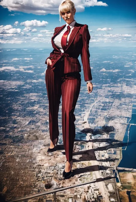 a teenage girl with beautiful curves, a massive curvy thighs, blonde ponytail, red lips wearing a perfect blue pinstriped trouser suit and blazer with a ((massive thick and  massive windosr knot crimson tie)), white shirt covering massive breasts, bare fee...