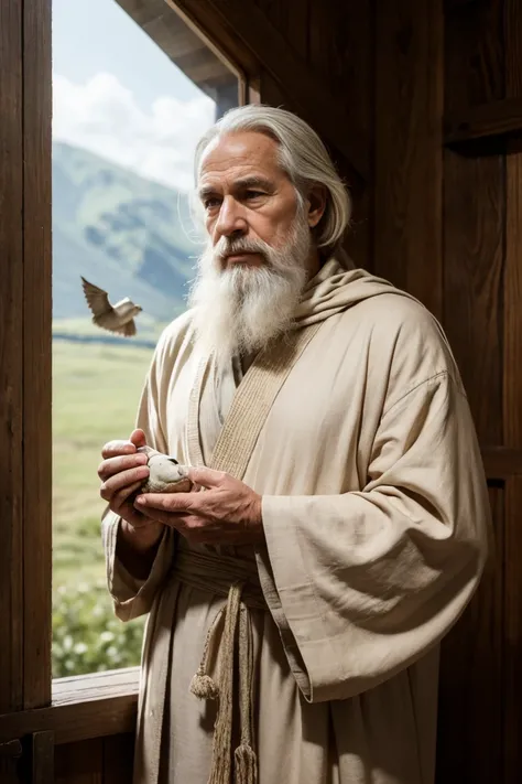 Generate an ultra-realistic 8K image of Noah, approximately 600 years old as described in the Bible, standing at the open door of the ark during the day. Noah has a long, white beard and weathered skin, with deep lines showing his age and wisdom. He wears ...