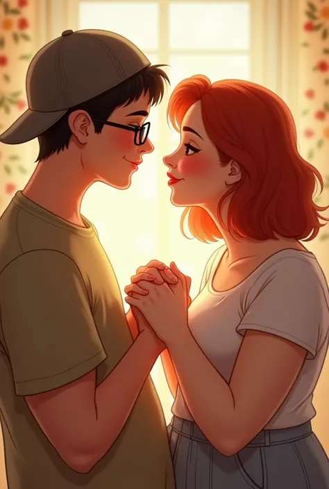 Beautiful chubby white woman with medium length red hair, holding hands with a thin white man wearing glasses and a cap.