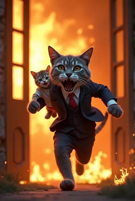 Dressed in professional office attire. The husband cat, a sleek gray tabby, is wearing a tailored suit and tie. Running outside from house is on fire, open mouth, grabbing baby cat in hand wearing pink shorts and white tshirt 