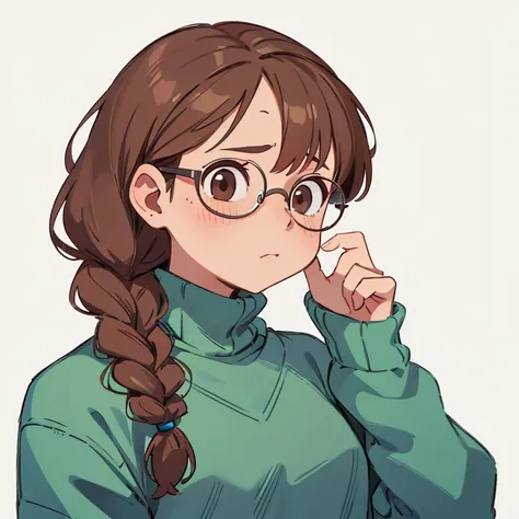 Nerd girl. Glasses. shy face. brown eyes. brown hair. braid hairstyle. gray sweater. on a white background.
