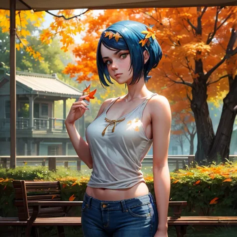 close, Beautiful woman in samdoesarts style, Orange leaves in the park , Jeremy Mann, By Sandra Chevrier, Dave McCain、Richard Avedon、Maciej Kuciara, White tank top and jeans, Detailed, 8k　Blue Hair