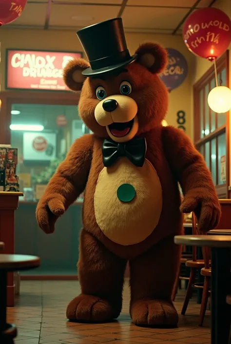 An animatronic of an anthropomorphic brown bear a children&#39;s mascot a green spot on the belly wearing a black top hat and a black bow tie a mascot from the 80s a possessed animatronic killing a pizzeria employee a pizzeria with animatronics from the 80...